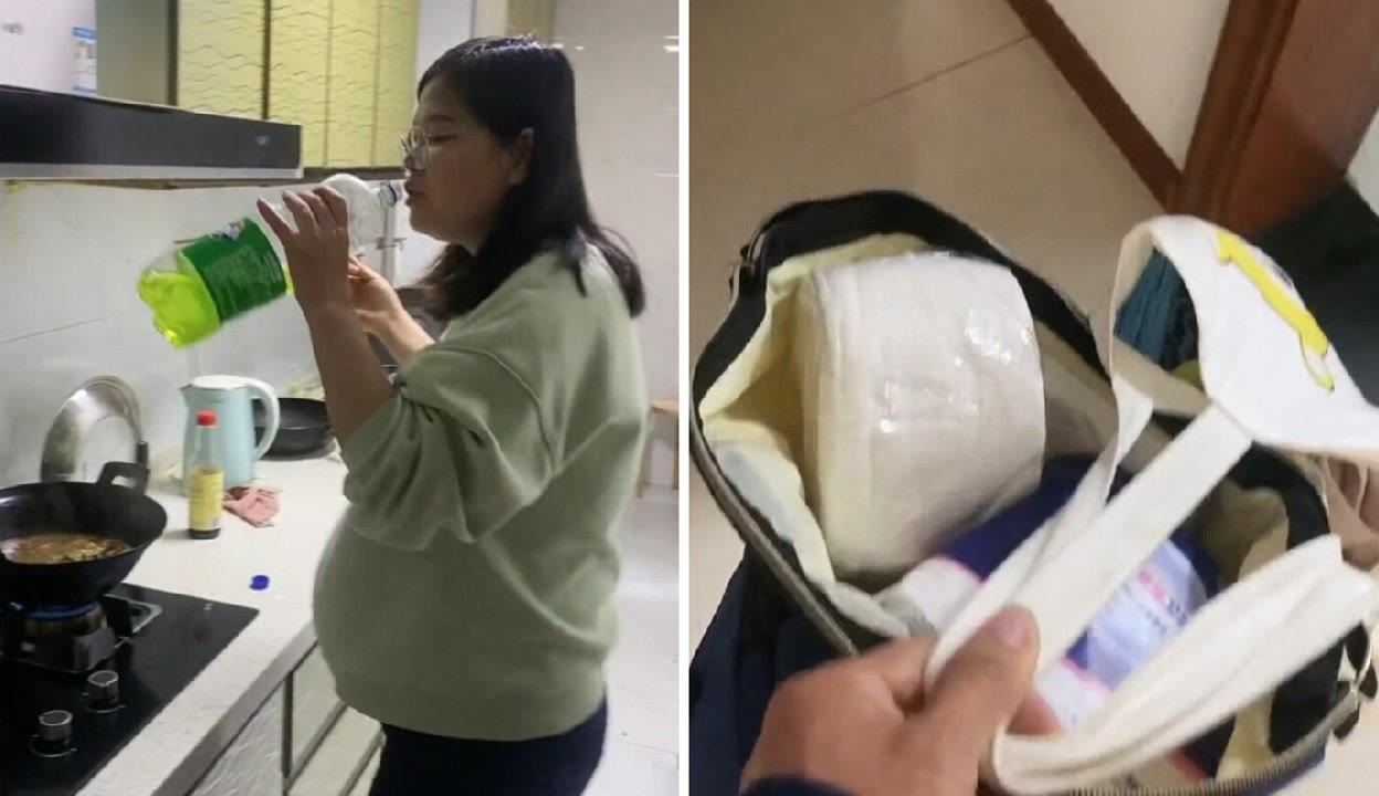 产后妈妈在厨房忙碌的场景