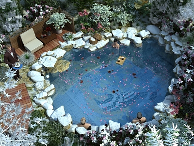 温泉池中的冰雕装饰